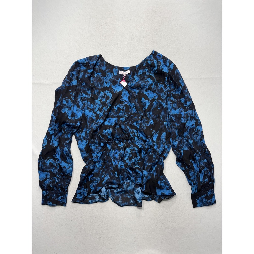 Parker Blouse Womens XL Blue Rainstorm Floral Ruffle Silk Top P9J5807SBP